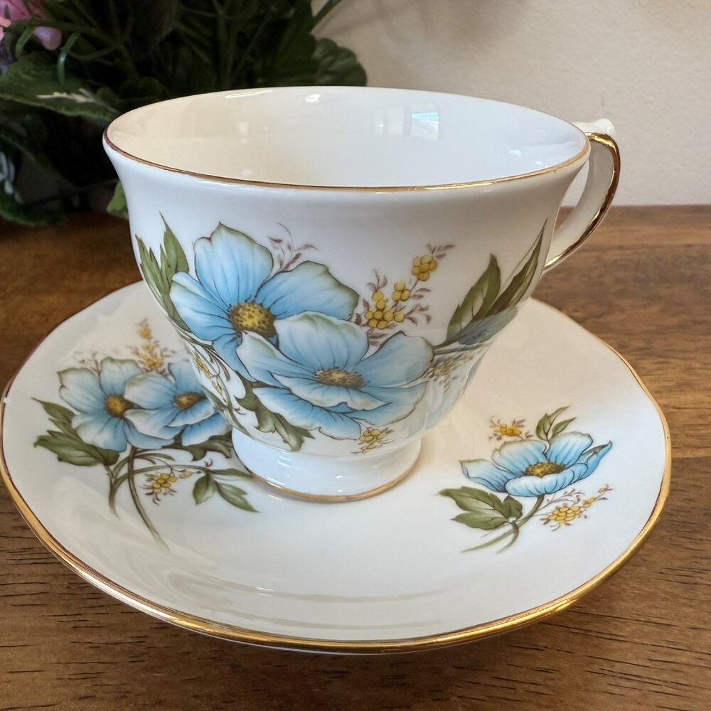 Queen Anne Blue Wild Rose Bone China Cup Saucer Gold Trim Floral England